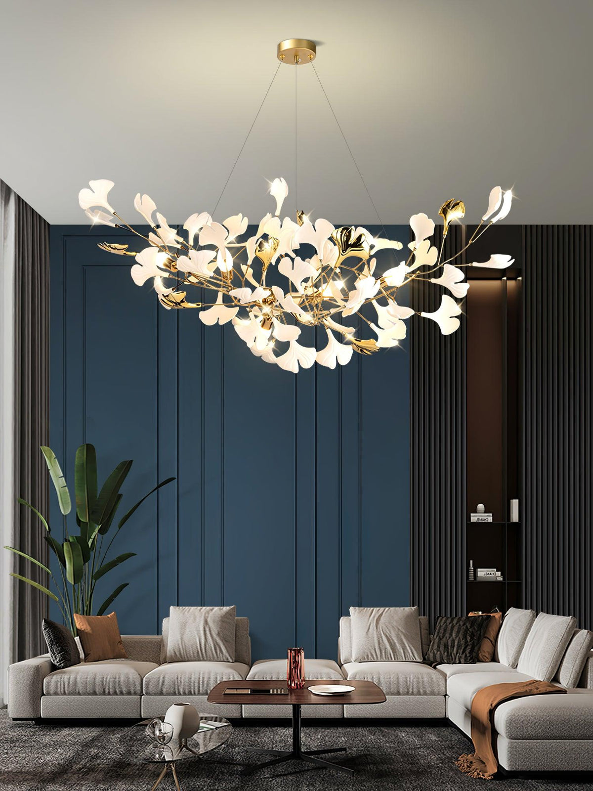Porcelain Ginkgo Leaf Linear Chandelier by Moktan Sabai with gold branches and white leaves on Tampa Home & Garden Store