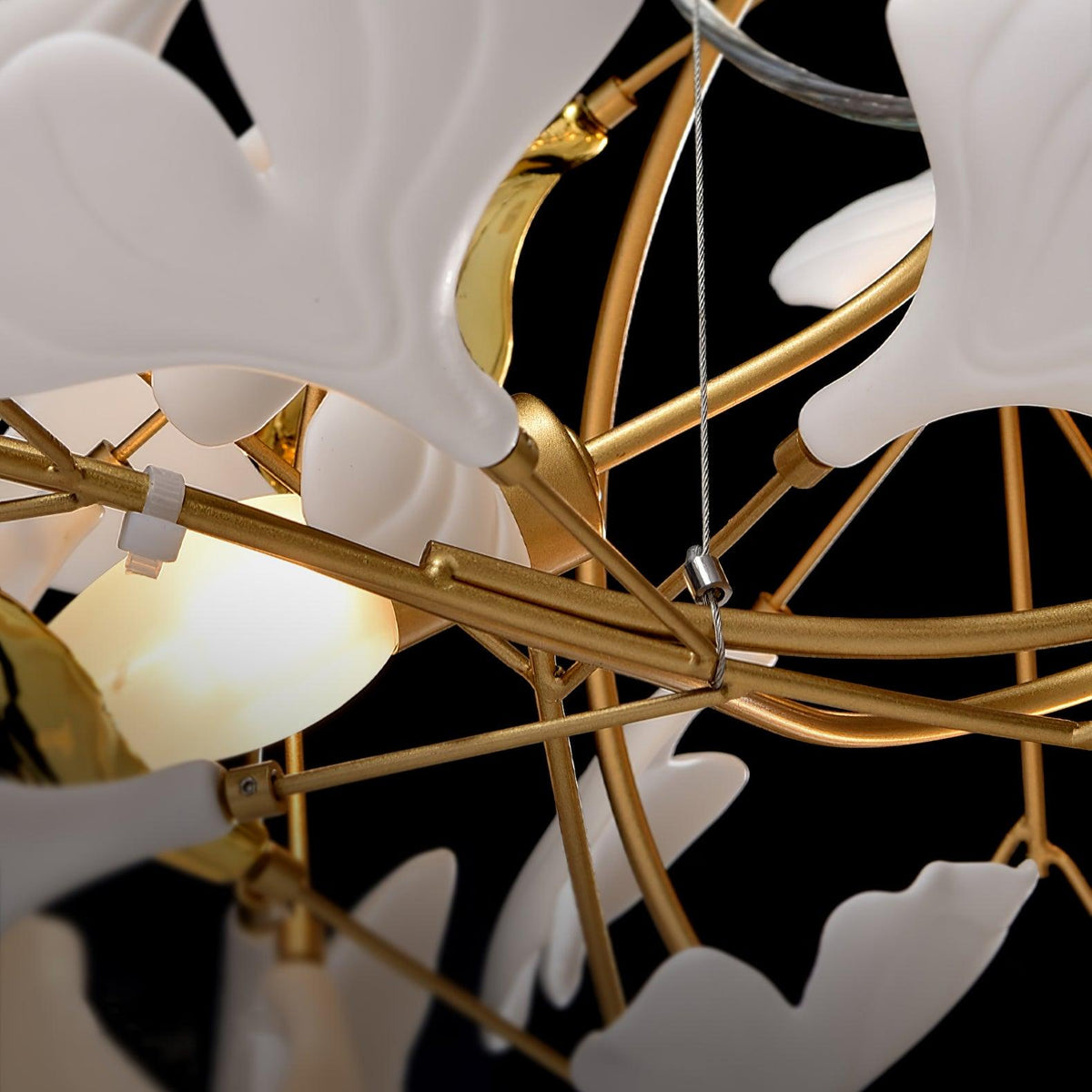 Porcelain Ginkgo Leaf Linear Chandelier with Flexible Branches white leaves on gold frame on Tampa Home & Garden Store