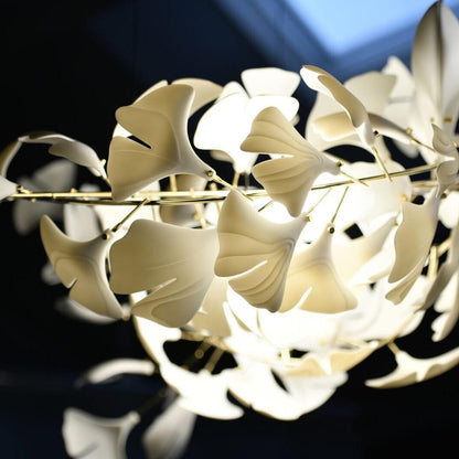 Porcelain ginkgo leaf chandelier with flexible branches, ivory leaves on a gold frame on Tampa Home & Garden Store