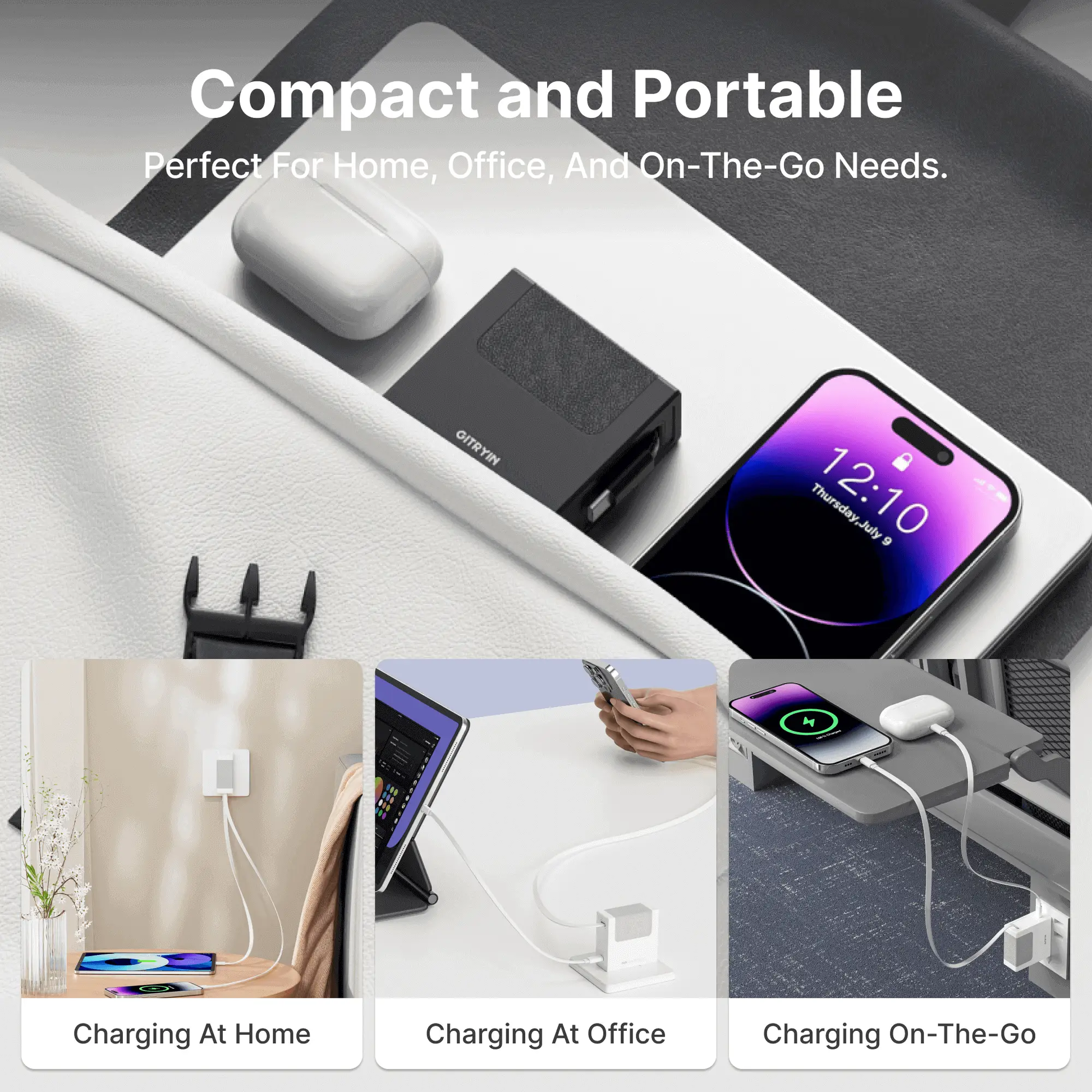 Gitryin 35W GaN dual-port retractable charger with black housing beside AirPods case and iPhone on Tampa Home & Garden Store