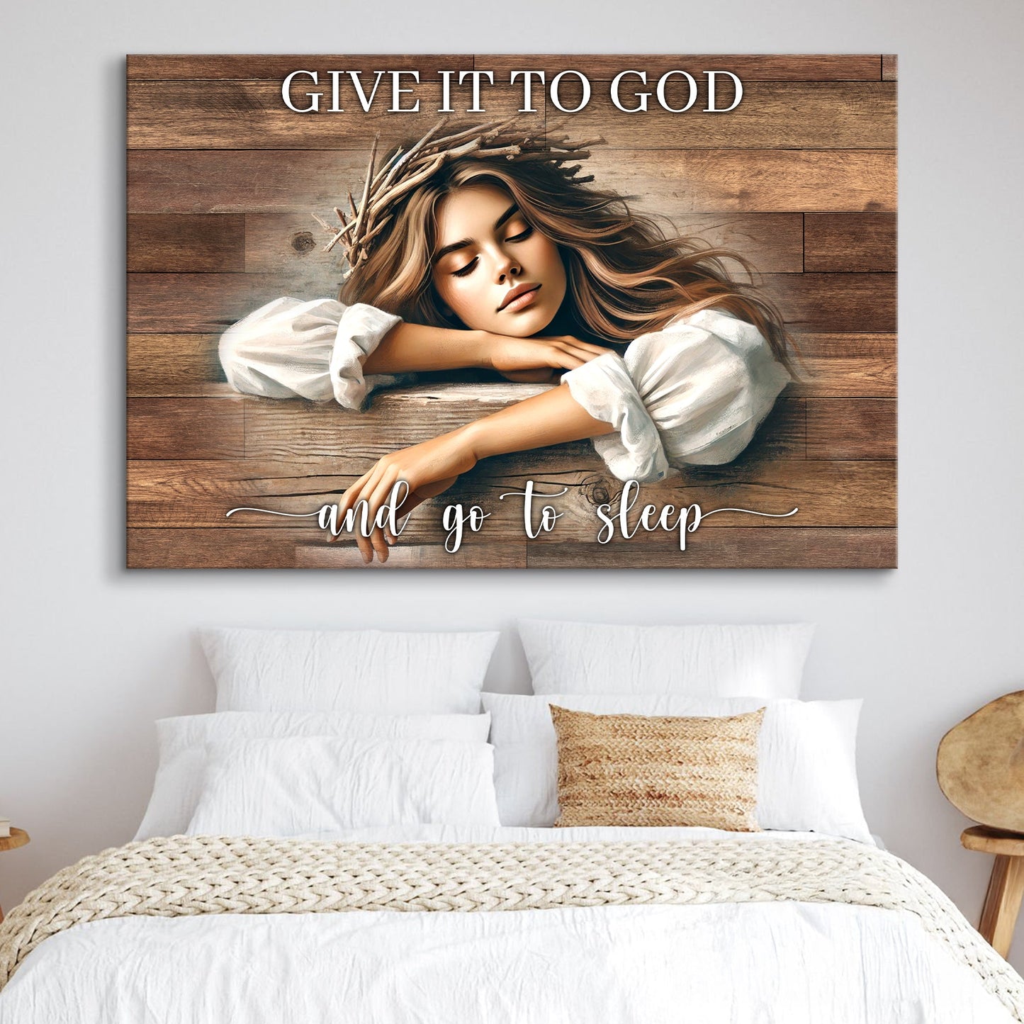 Give It To God And Go To Sleep canvas on rustic wood with a serene woman Tailored Canvases on Tampa Home & Garden Store
