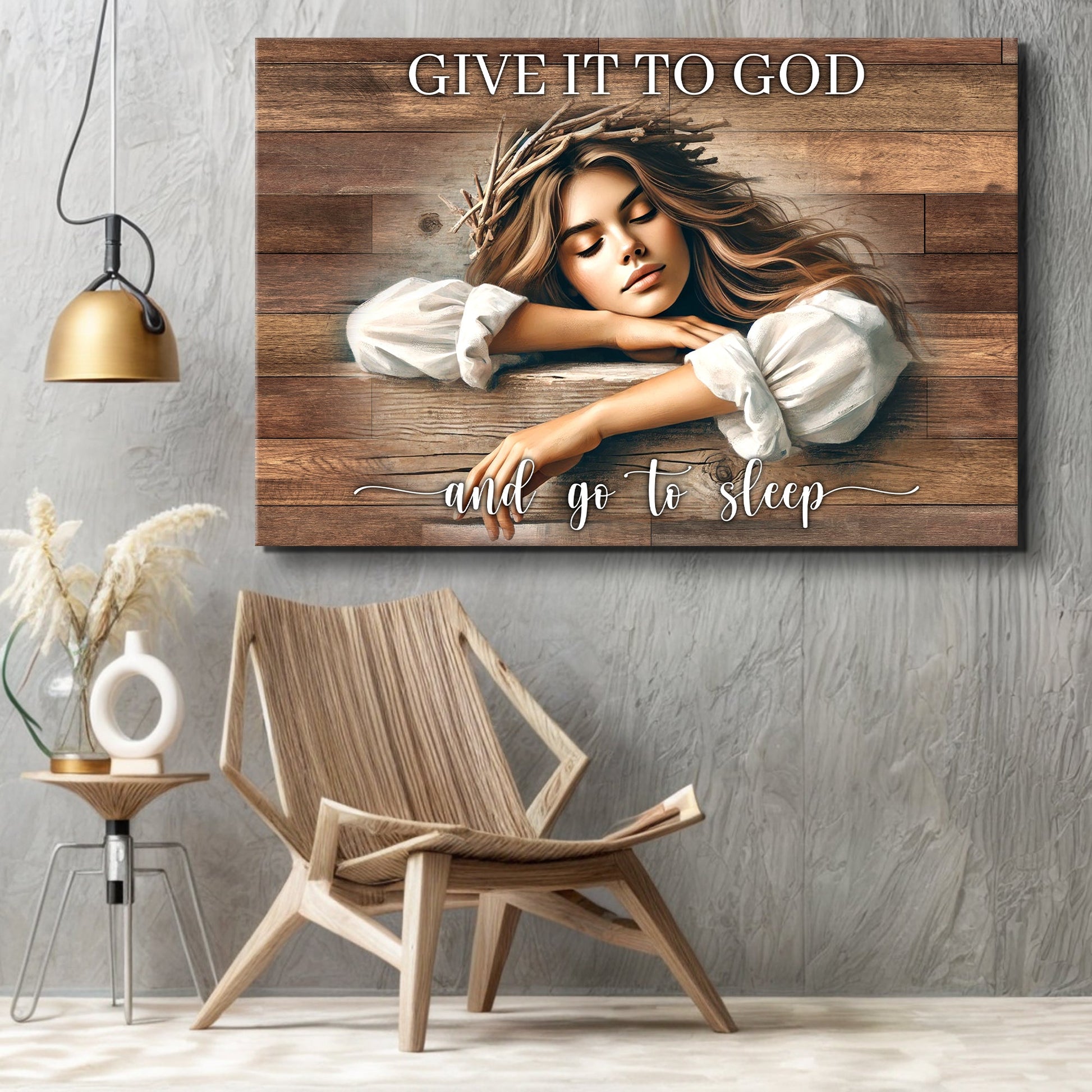 Give It To God And Go To Sleep canvas by Tailored Canvases with wood plank backdrop on Tampa Home & Garden Store
