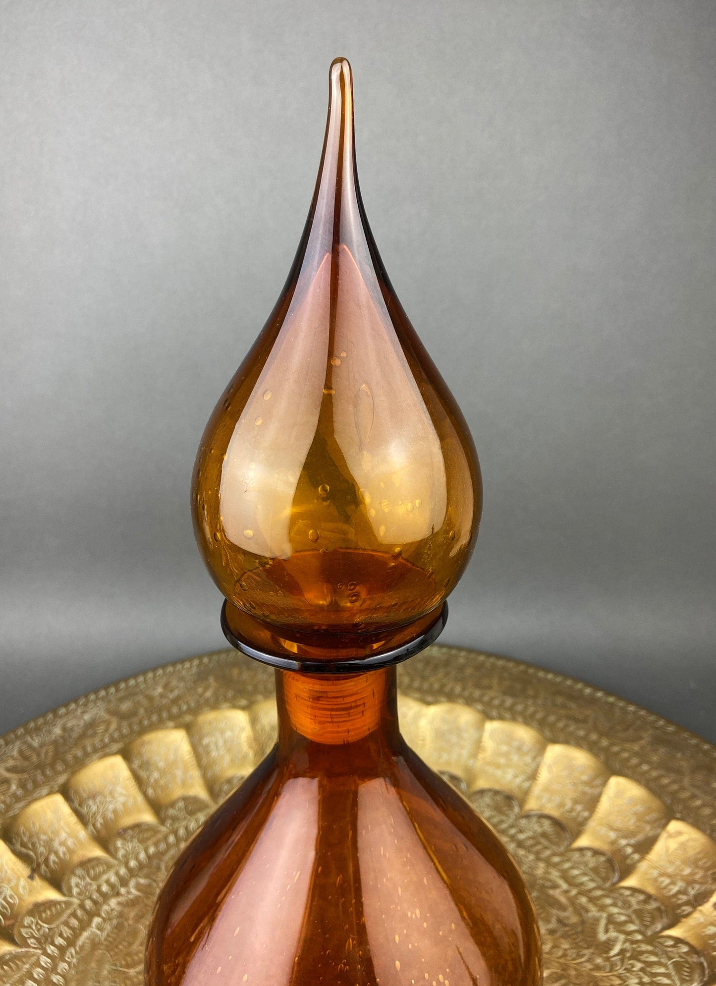 Glass Bottle with Drop Shaped Stopper. Vintage Brown Decanter with Fleur de Lis Detail. Hand Blown Glass. - Tampa Home & Garden Store