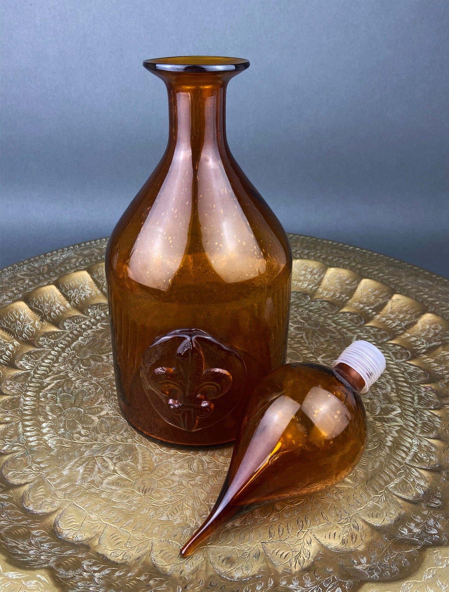 Glass Bottle with Drop Shaped Stopper. Vintage Brown Decanter with Fleur de Lis Detail. Hand Blown Glass. - Tampa Home & Garden Store