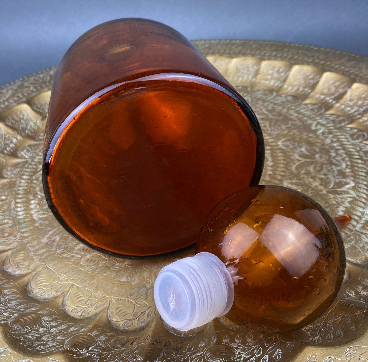 Glass Bottle with Drop Shaped Stopper. Vintage Brown Decanter with Fleur de Lis Detail. Hand Blown Glass. - Tampa Home & Garden Store