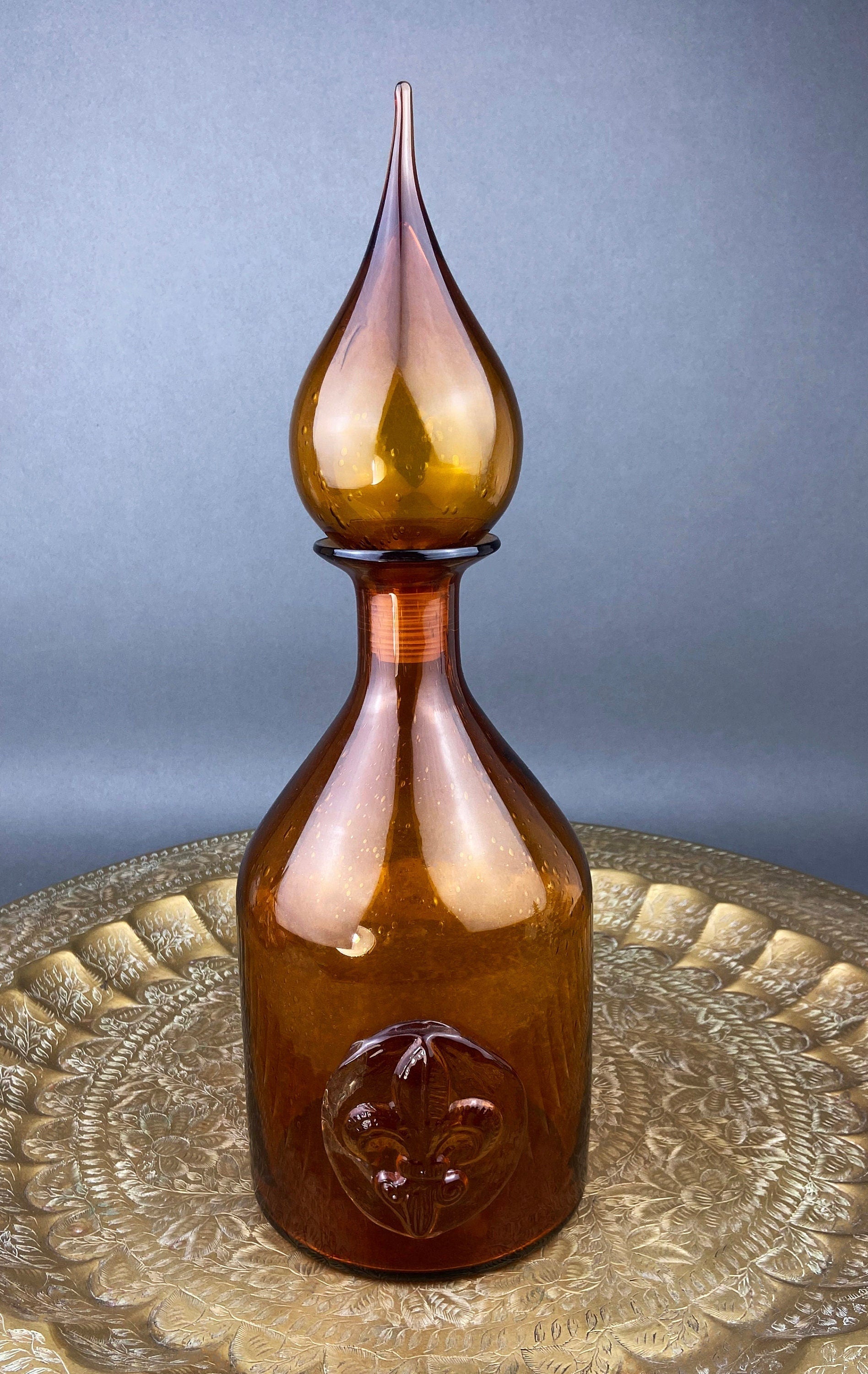 Glass Bottle with Drop Shaped Stopper. Vintage Brown Decanter with Fleur de Lis Detail. Hand Blown Glass. - Tampa Home & Garden Store