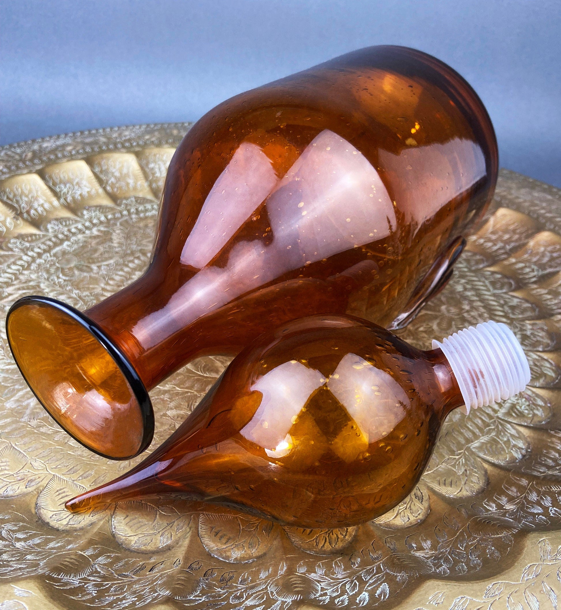 Glass Bottle with Drop Shaped Stopper. Vintage Brown Decanter with Fleur de Lis Detail. Hand Blown Glass. - Tampa Home & Garden Store