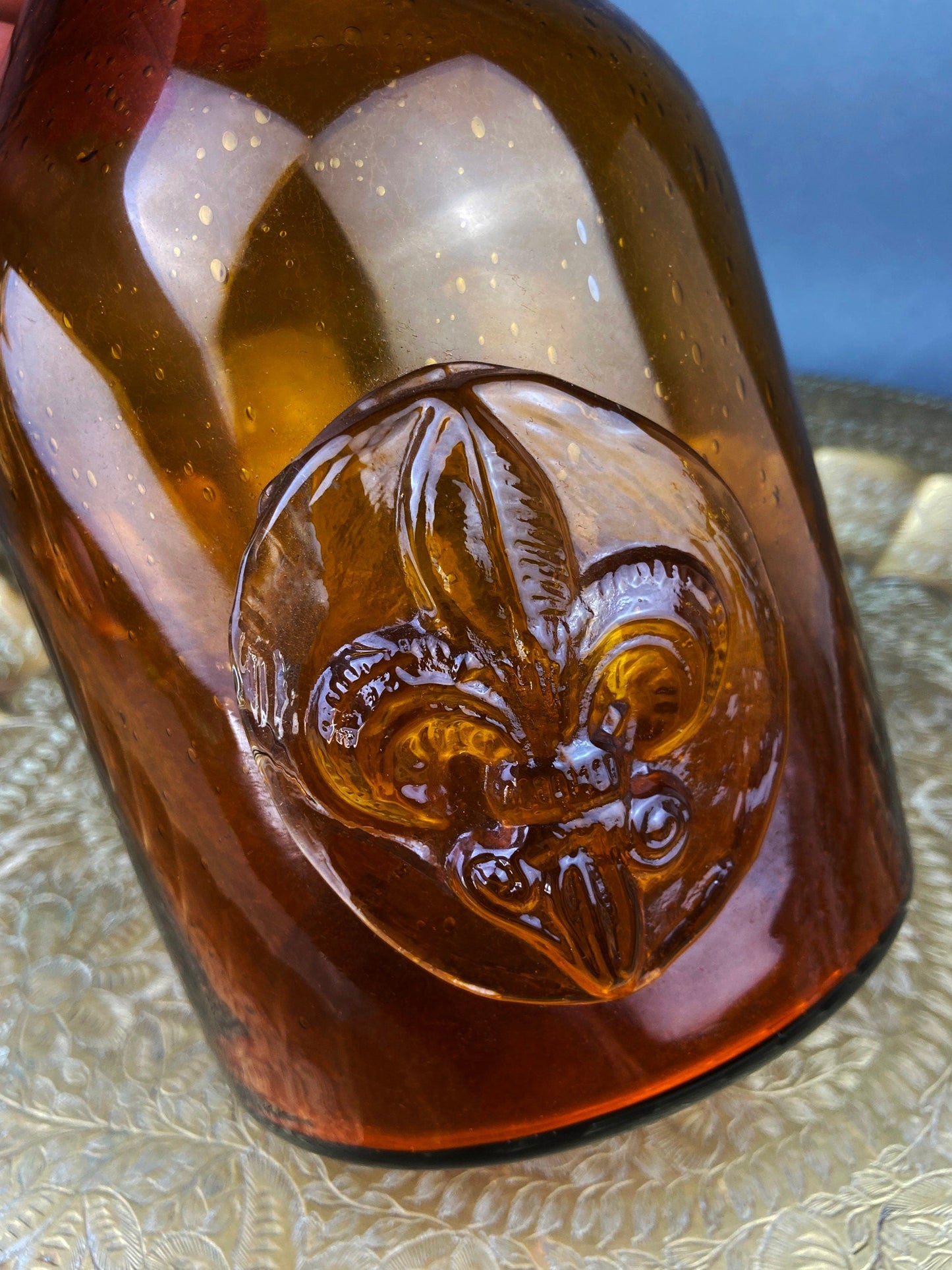 Glass Bottle with Drop Shaped Stopper. Vintage Brown Decanter with Fleur de Lis Detail. Hand Blown Glass. - Tampa Home & Garden Store