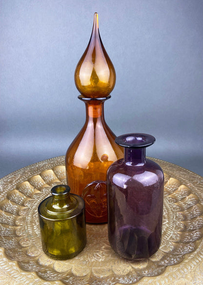 Glass Bottle with Drop Shaped Stopper. Vintage Brown Decanter with Fleur de Lis Detail. Hand Blown Glass. - Tampa Home & Garden Store