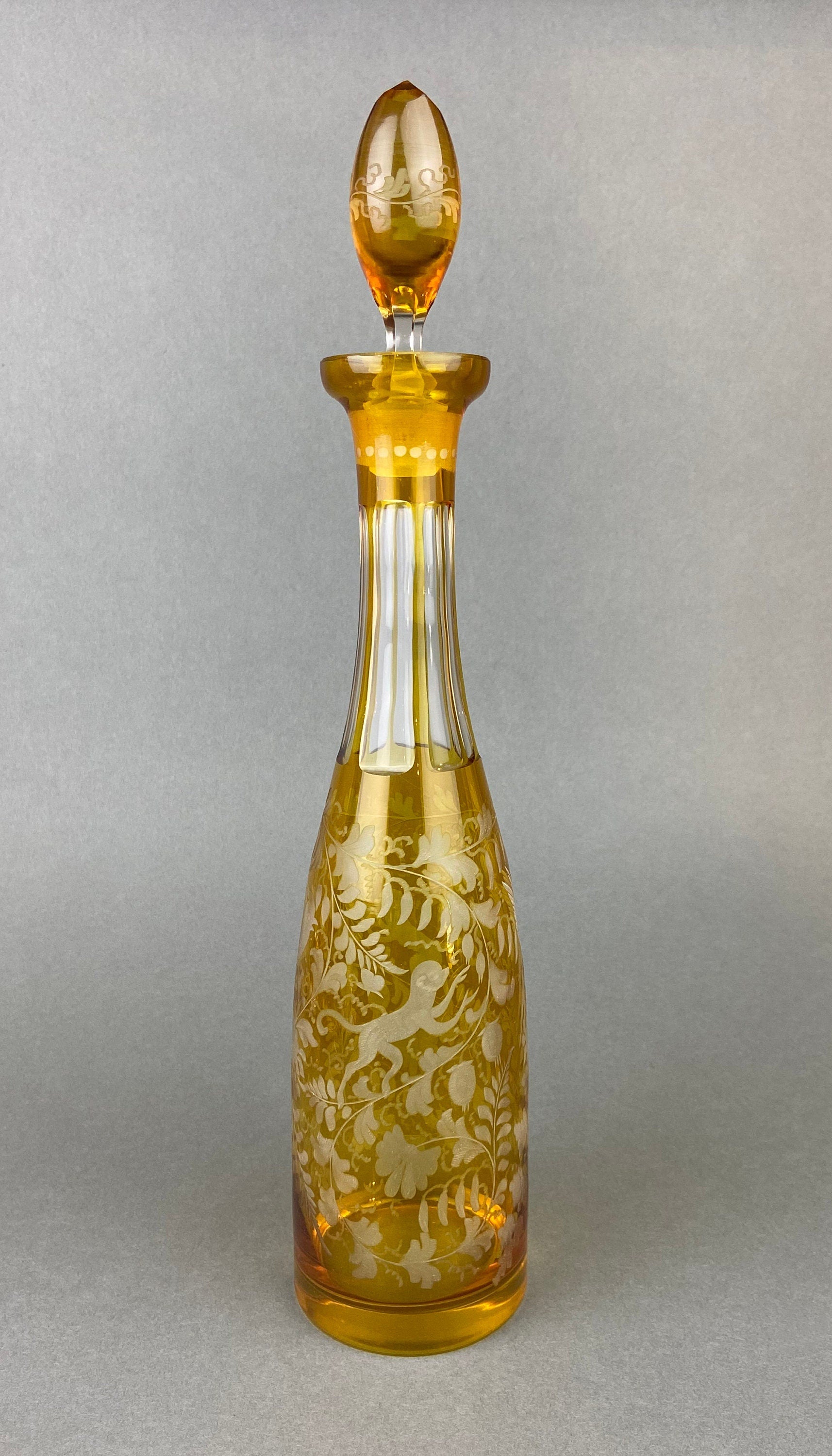 Glass Bottle with Drop Shaped Stopper. Vintage Brown Decanter with Fleur de Lis Detail. Hand Blown Glass. - Tampa Home & Garden Store