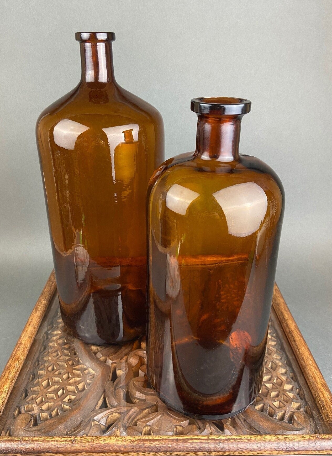 Glass Bottle with Drop Shaped Stopper. Vintage Brown Decanter with Fleur de Lis Detail. Hand Blown Glass. - Tampa Home & Garden Store
