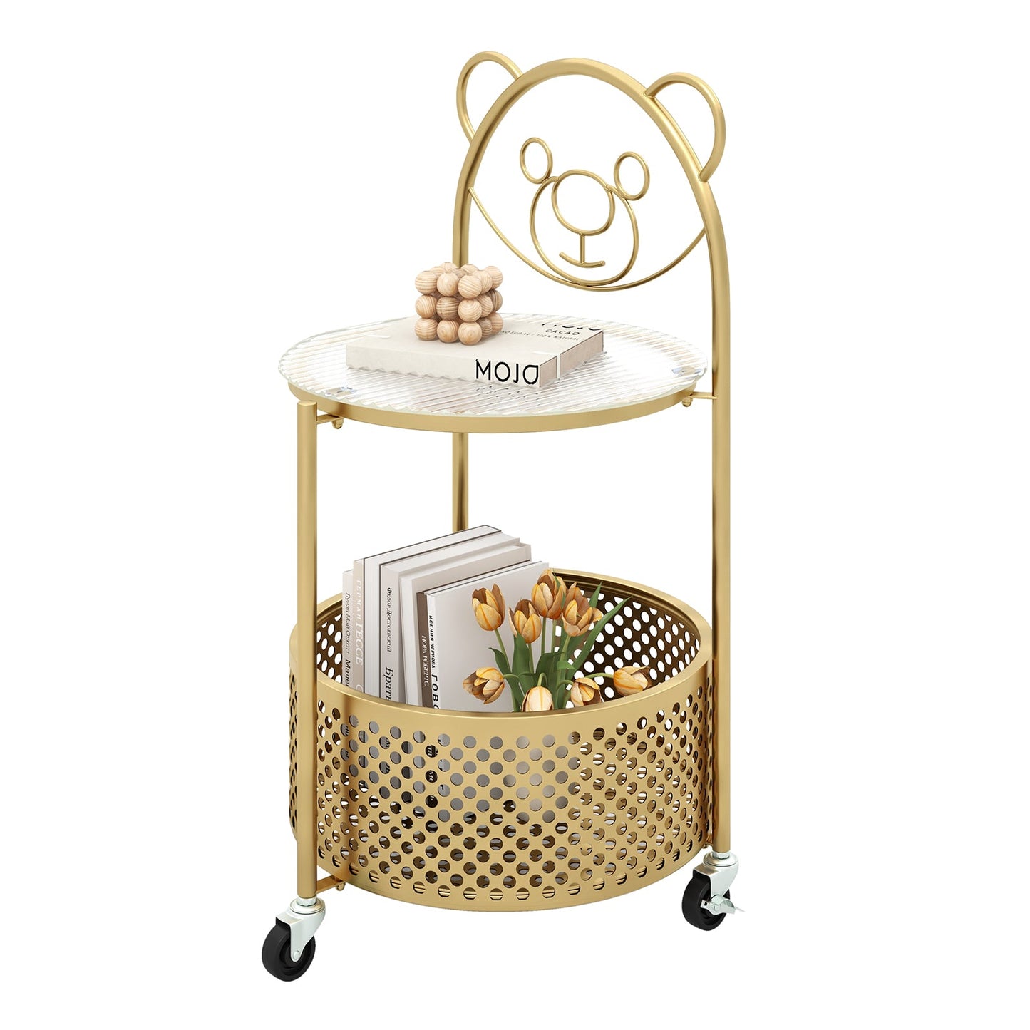 Modern Sofa Side Table on Lockable Wheels for Living Room Bedroom Study-Gold