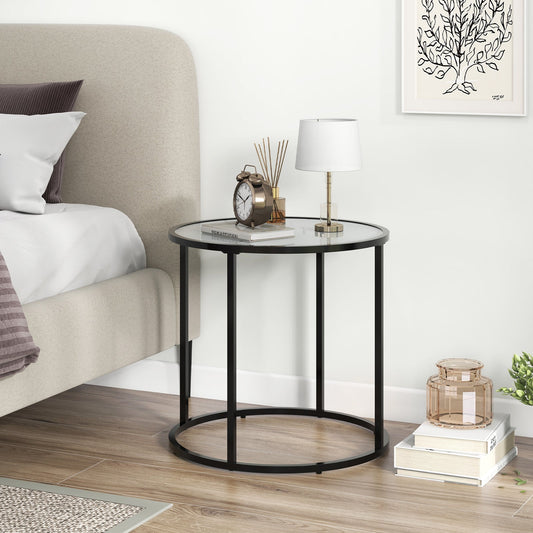 20 Inch Glass End Table with Metal Frame and Faux Marble Glass Top-Black and White - Tampa Home & Garden Store