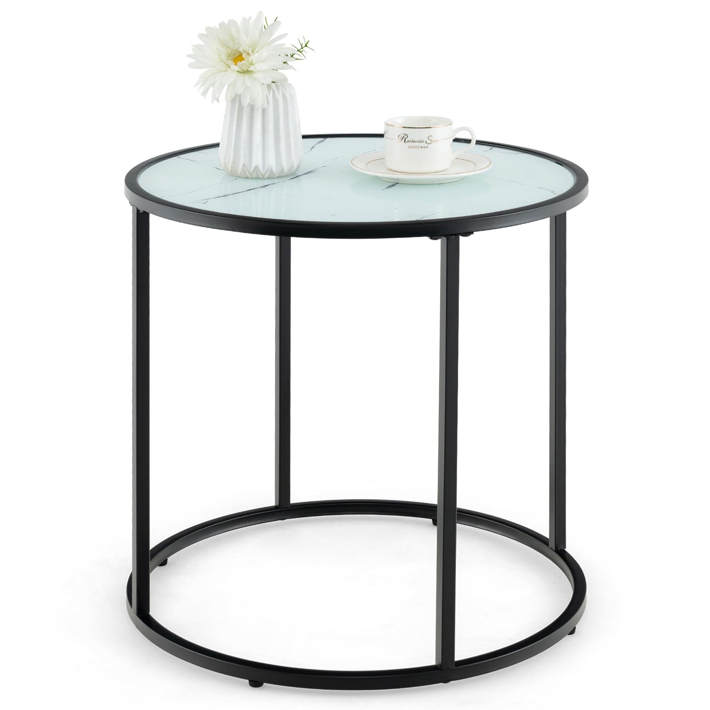 Mesa auxiliar de cristal de 20 pulgadas con estructura de metal y parte superior de cristal con imitación mármol - Negra y blanca