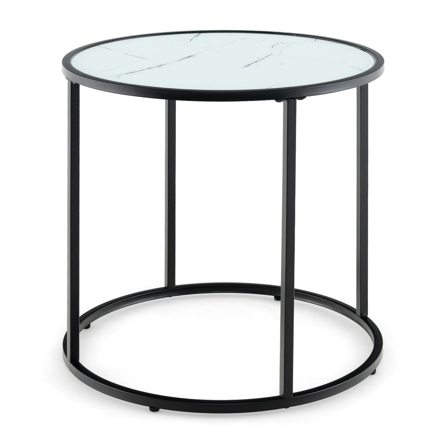 Mesa auxiliar de cristal de 20 pulgadas con estructura de metal y parte superior de cristal con imitación mármol - Negra y blanca