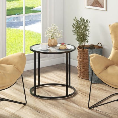 Mesa auxiliar de cristal de 20 pulgadas con estructura de metal y parte superior de cristal con imitación mármol - Negra y blanca