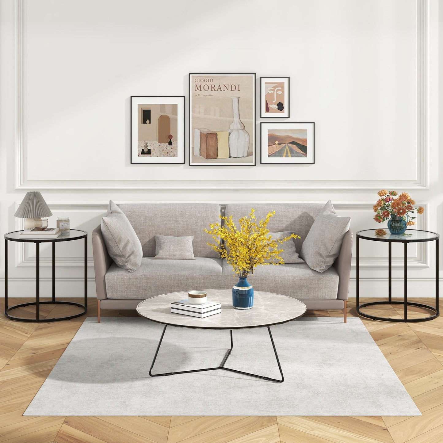 Mesa auxiliar de cristal de 20 pulgadas con estructura de metal y parte superior de cristal con imitación mármol - Negra y blanca