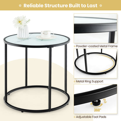 Mesa auxiliar de cristal de 20 pulgadas con estructura de metal y parte superior de cristal con imitación mármol - Negra y blanca