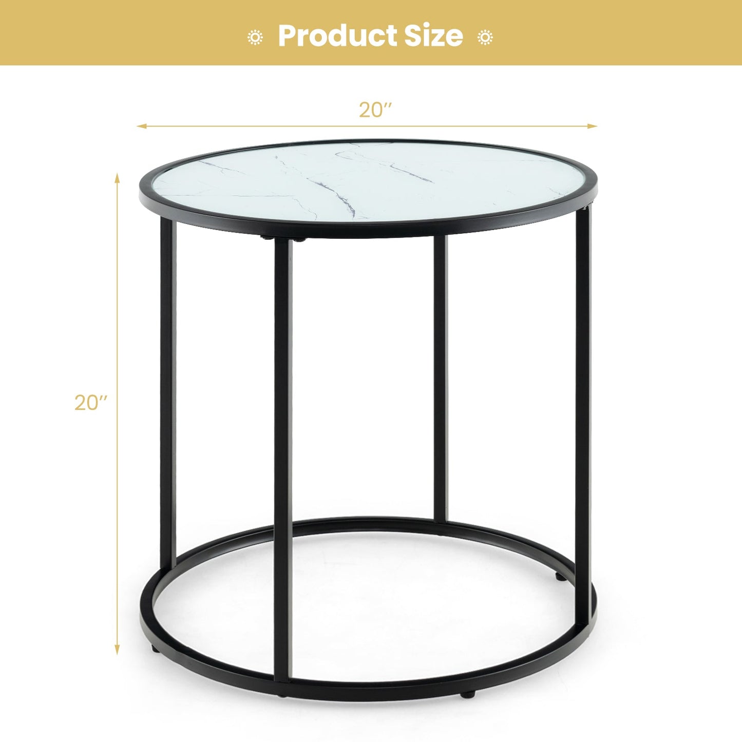Mesa auxiliar de cristal de 20 pulgadas con estructura de metal y parte superior de cristal con imitación mármol - Negra y blanca