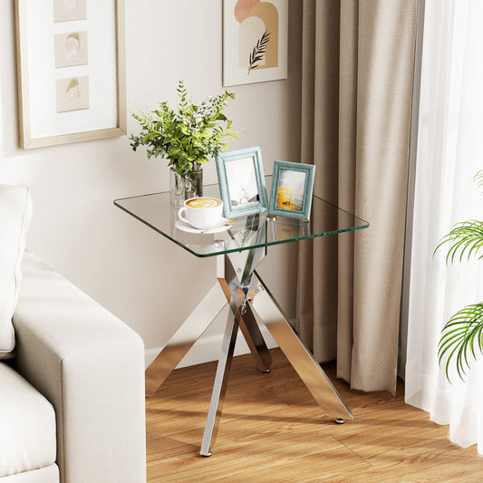Glass Side Table Square End Table with Tempered Glass Top and Metal X Base-Silver - Tampa Home & Garden Store