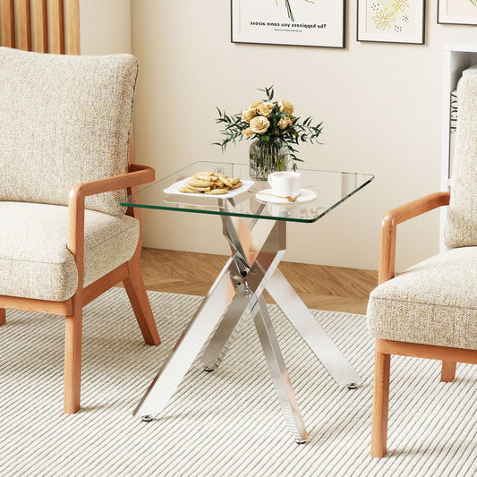 Glass Side Table Square End Table with Tempered Glass Top and Metal X Base-Silver - Tampa Home & Garden Store