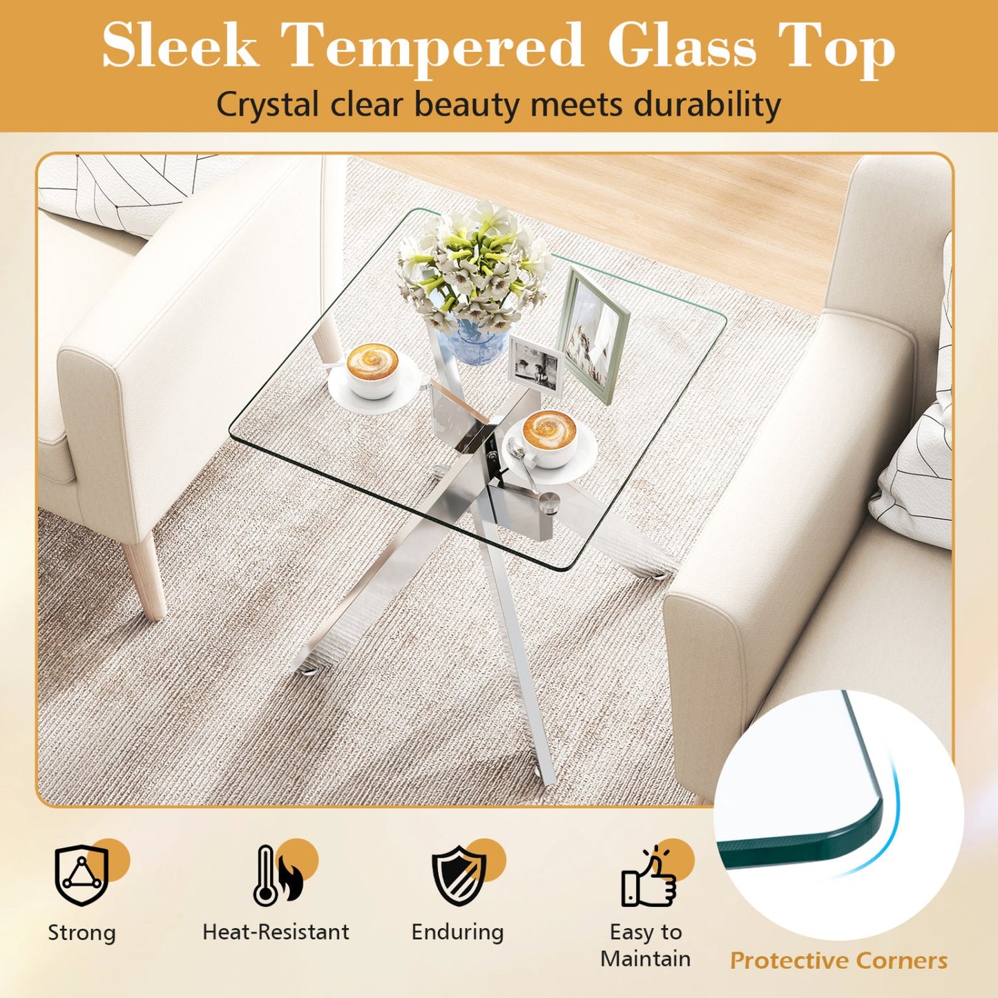 Glass Side Table Square End Table with Tempered Glass Top and Metal X Base-Silver