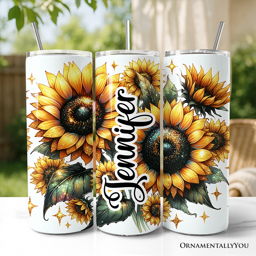 Glittered Sunflower Pattern 20oz Personalized Tumbler With Lid and Stainless Steel Straw, Yellow Summer Flowers Travel Mug Gift - Tampa Home & Garden Store