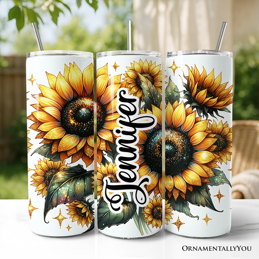 Glittered Sunflower Pattern 20oz Personalized Tumbler With Lid and Stainless Steel Straw, Yellow Summer Flowers Travel Mug Gift - Tampa Home & Garden Store