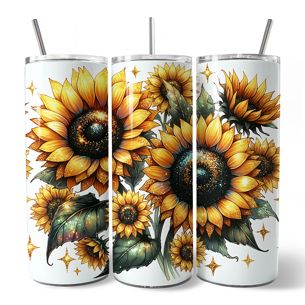 Glittered Sunflower Pattern 20oz Personalized Tumbler With Lid and Stainless Steel Straw, Yellow Summer Flowers Travel Mug Gift - Tampa Home & Garden Store