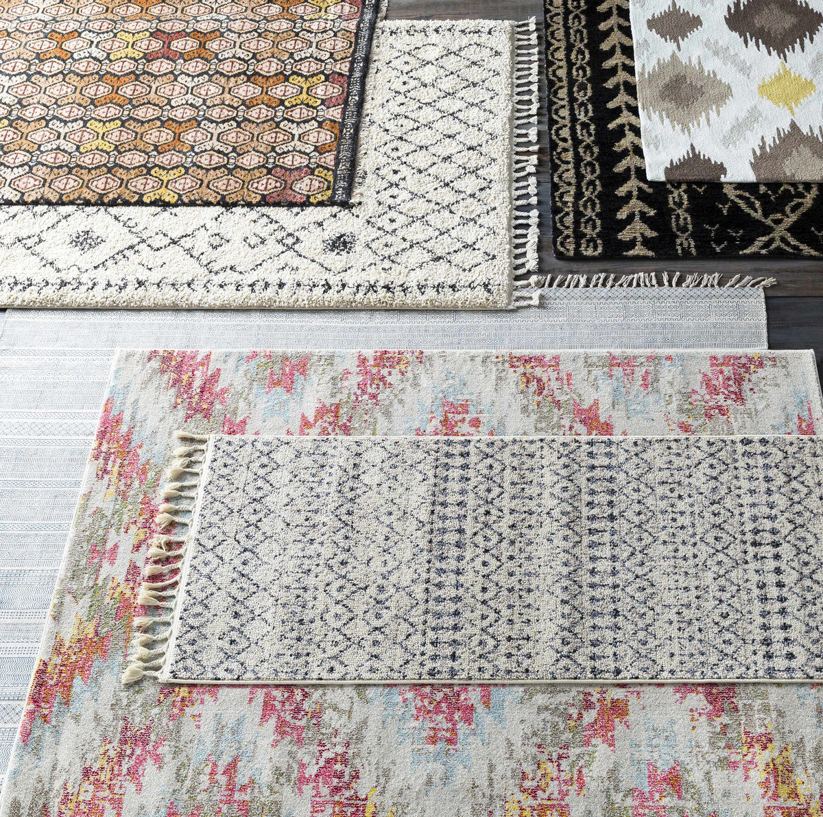 Redondo Premium Hand Knotted Jute Carpet rug in colorful geometric pattern with fringed edges on Tampa Home & Garden Store