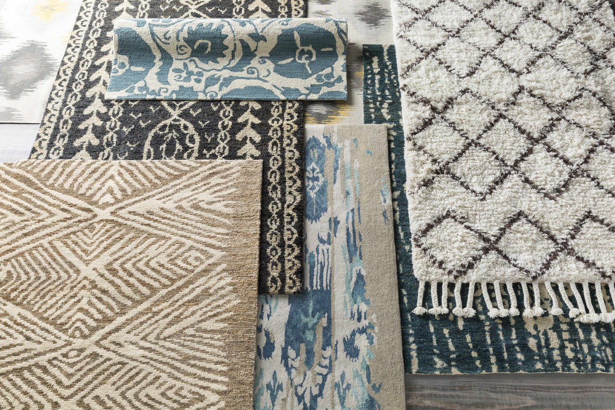 Redondo Premium Hand Knotted Jute Carpet blue beige motif, Boutique Rugs clearance on Tampa Home & Garden Store