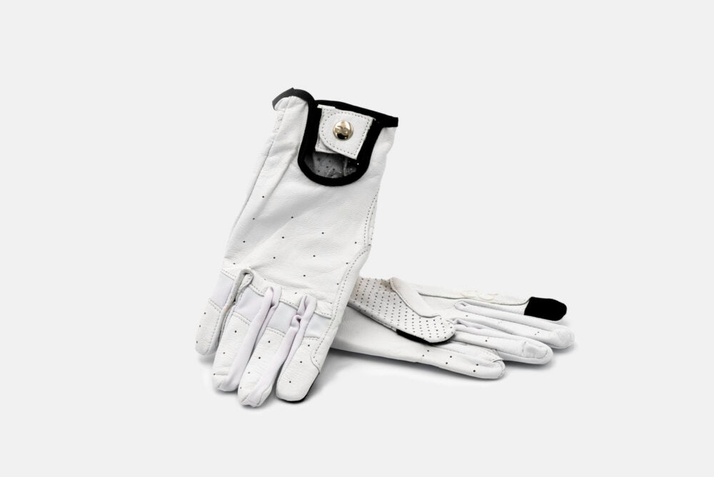 American Equus Hunter Luxe Equestrian Riding Gloves white perforated leather black trim snap on Tampa Home & Garden Store