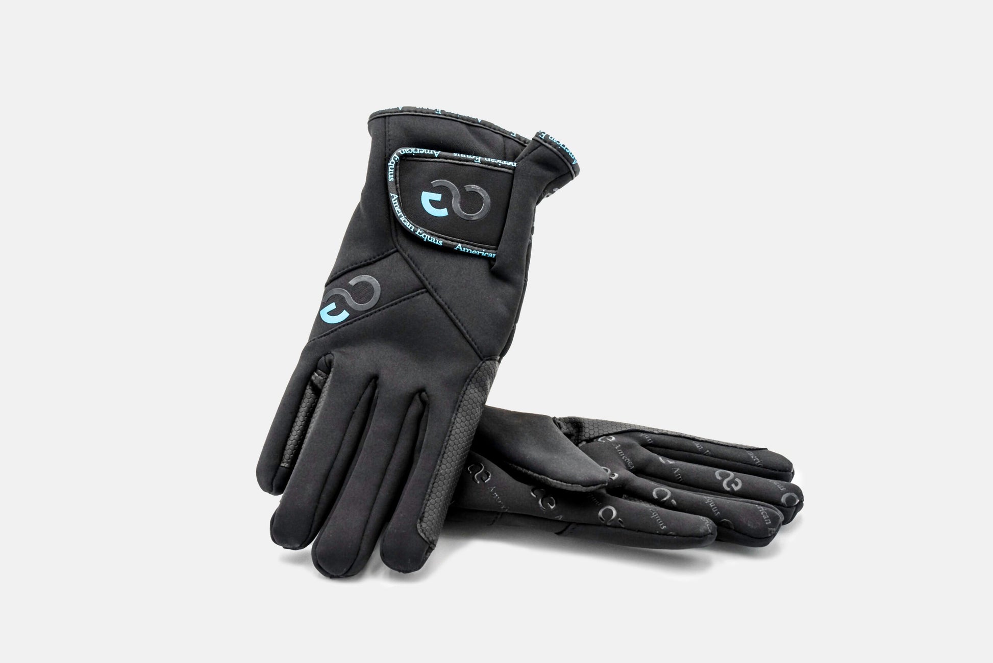 American Equus WinterTec Riding Gloves, black gloves with blue logo accents on Tampa Home & Garden Store