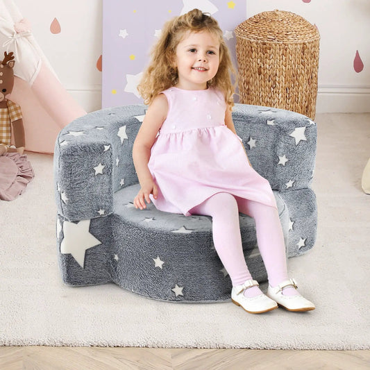 2-in-1 Glow Kids Sofa with washable cover, grey plush with white stars, play sofa on Tampa Home & Garden Store