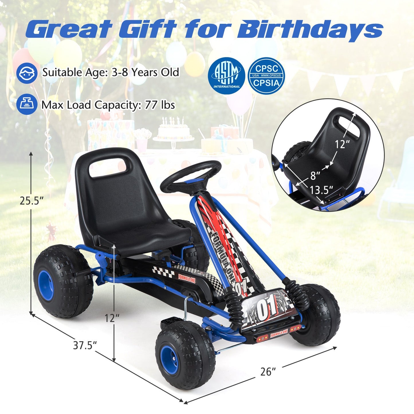 Go Kart for Kids 4 Wheels Pedal with Adjustable Seat and Multi-Terrain Wheels