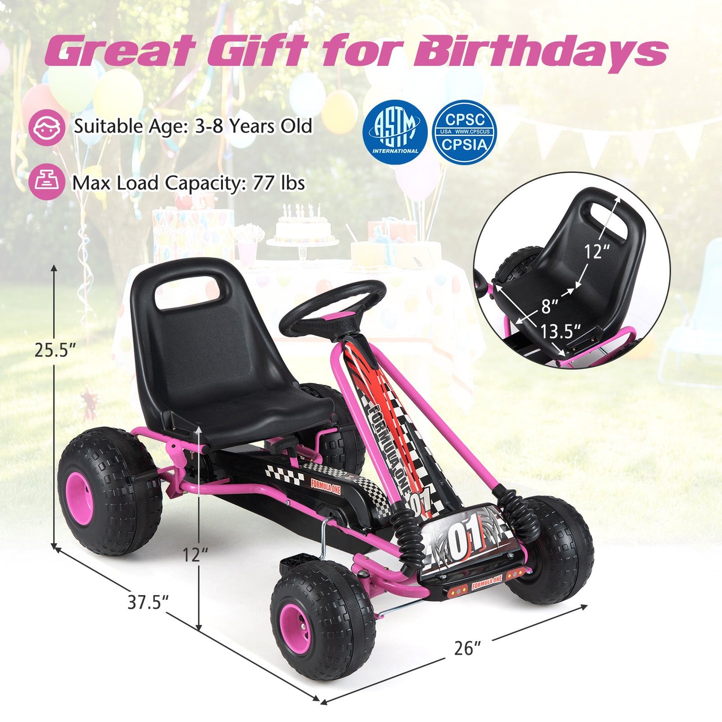 Go Kart for Kids 4 Wheels Pedal with Adjustable Seat and Multi-Terrain Wheels