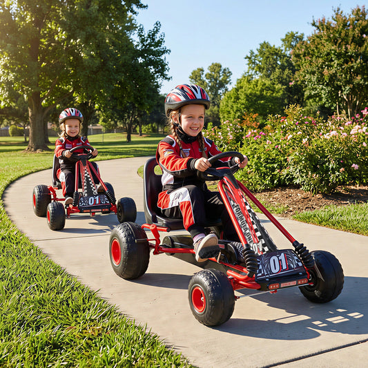 Go Kart for Kids 4 Wheels Pedal with Adjustable Seat and Multi-Terrain Wheels - Tampa Home & Garden Store