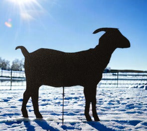 Metal Goat Yard Art by Rustica Ornamentals, black metal lawn ornament silhouette in snow on Tampa Home & Garden Store