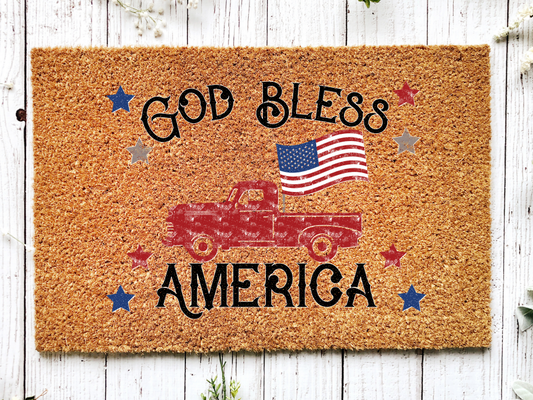 "God Bless America" Doormat Vintage Truck, Flag, R/W/B Stars July 4th - Tampa Home & Garden Store