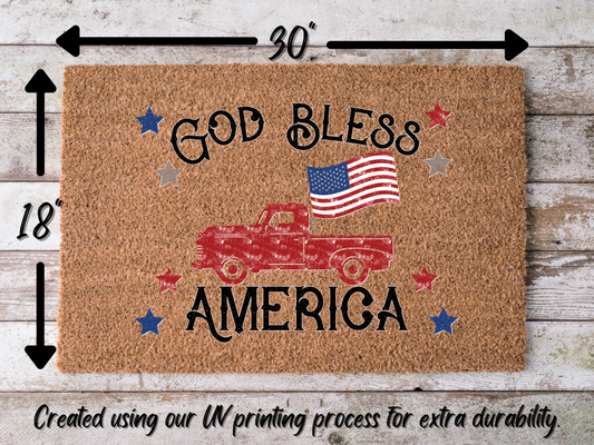 "God Bless America" Doormat Vintage Truck, Flag, R/W/B Stars July 4th - Tampa Home & Garden Store