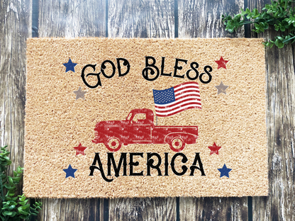 "God Bless America" Doormat Vintage Truck, Flag, R/W/B Stars July 4th - Tampa Home & Garden Store
