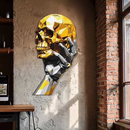 Gold Skull & Robot Hand Metal Wall Art – Futuristic UV Decor-KAFUVM013 - Tampa Home & Garden Store
