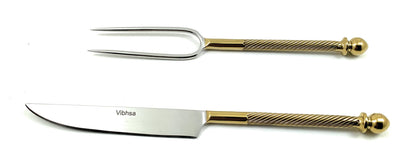 Vibhsa carving knife and fork set with gold-tone twisted handles in stainless steel, 2-piece on Tampa Home & Garden Store