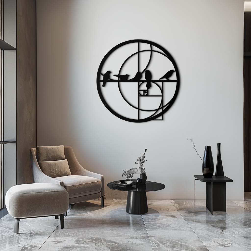 Golden Ratio Birds Metal Wall Art – Fibonacci Spiral and Birds Silhouette Black Steel Decor for Modern Interiors- KAF410 - Tampa Home & Garden Store