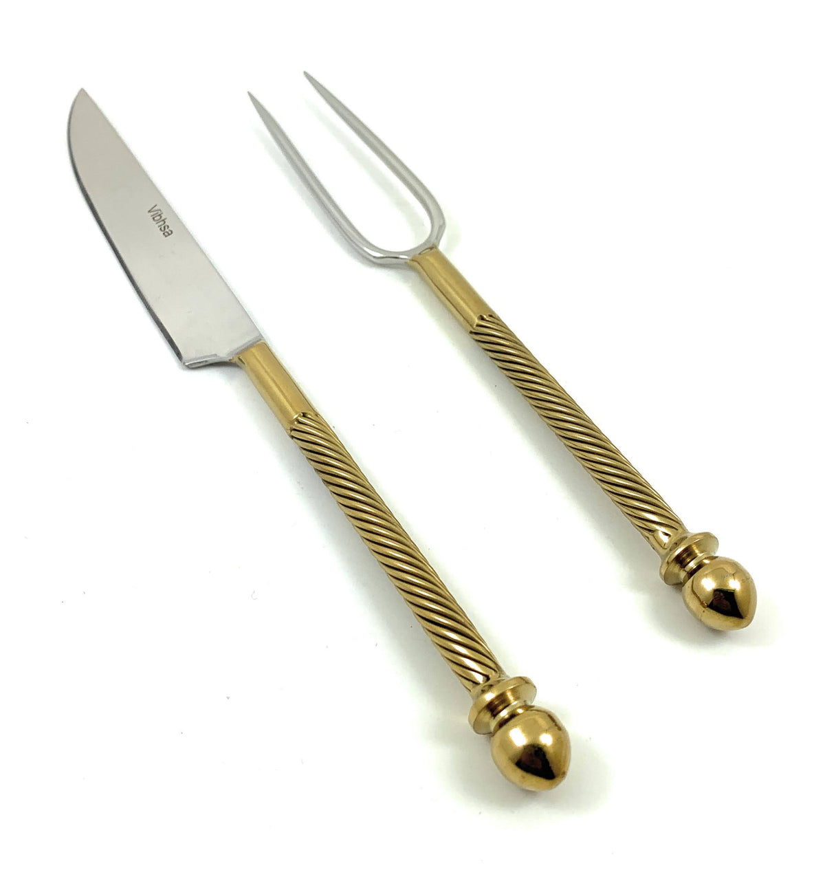 Vibhsa stainless steel carving knife and fork set with gold-tone twisted handles 2 pieces on Tampa Home & Garden Store