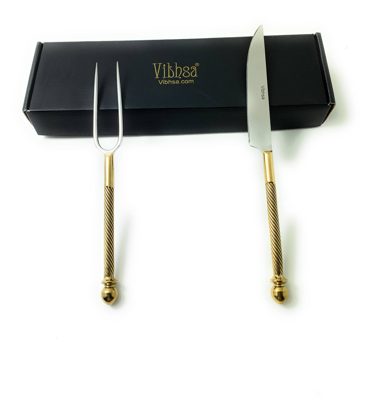 Vibhsa carving knife and fork set of 2 in stainless steel with gold-tone handles on black box on Tampa Home & Garden Store