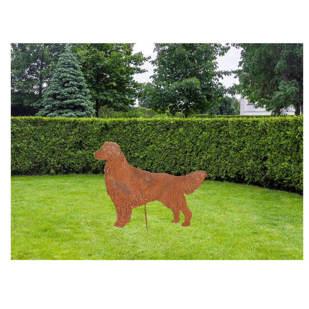 Golden Retriever statue rusty metal lawn ornament in yard on Tampa Home & Garden Store