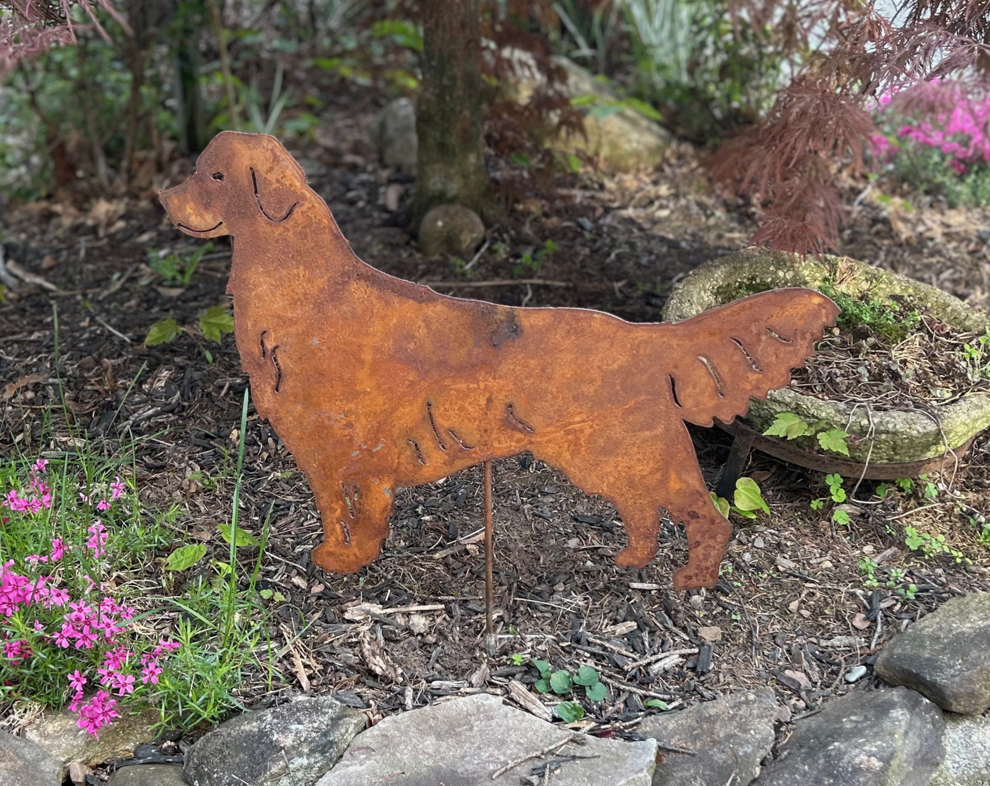 Golden Retriever statue in rusted metal finish, Rustica Ornamentals lawn sculpture on Tampa Home & Garden Store