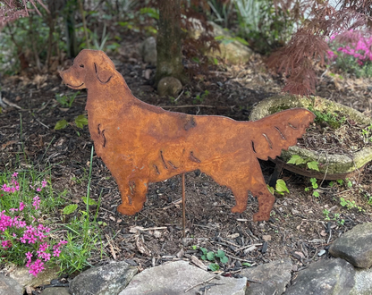 Golden Retriever statue in rusted metal finish, Rustica Ornamentals lawn sculpture on Tampa Home & Garden Store