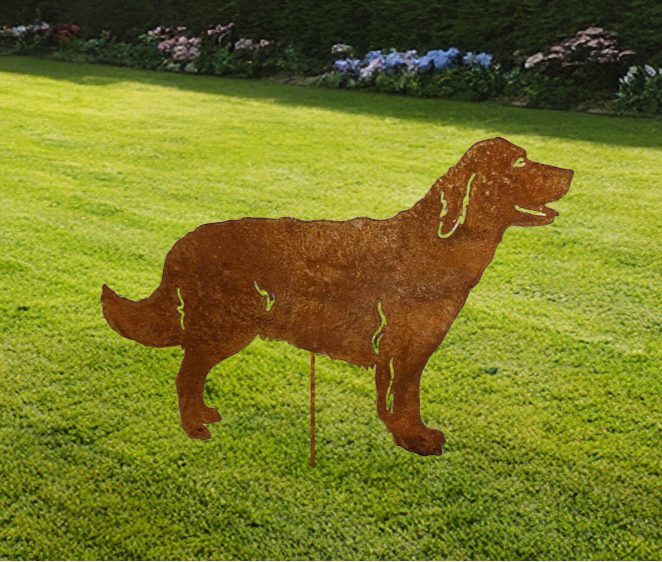 Golden Retriever garden stake Rustica Ornamentals rusted metal lawn ornament style 2 on Tampa Home & Garden Store